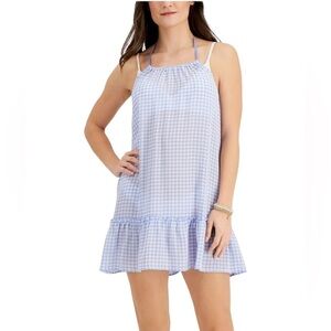 Miken White Hydrangea Blue Gingham Swim Halter Dress Junior Size Large